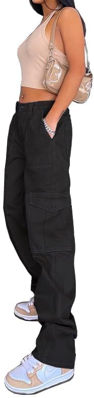 Skiennix High Waisted Cargo Pants - Casual Wide Leg Trousers with 6 Pockets | Y2K Baggy Stretch Design