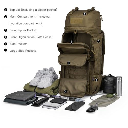 Mardingtop 75L Military Tactical Hiking Backpack Khaki with Hydration & MOLLE System