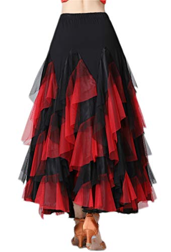 Women’s Ballroom Latin Dance Skirt - Long Tiered Swing Skirt with Elastic Waist, One Size - Black & Red