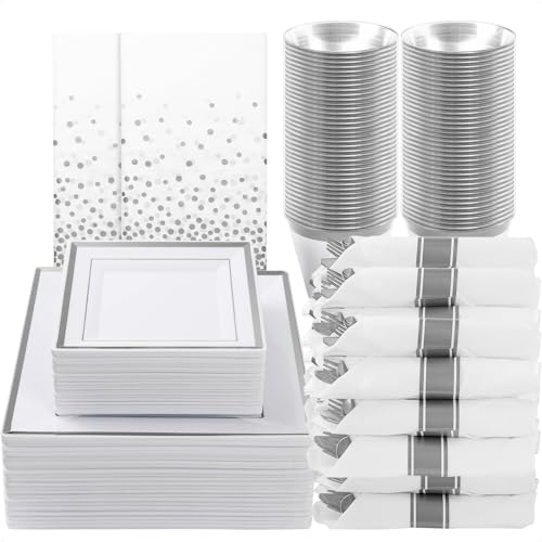 Goodluck 352-Piece Silver Square Plastic Dinnerware Set for 50 Guests - Elegant Party Plates & Tableware