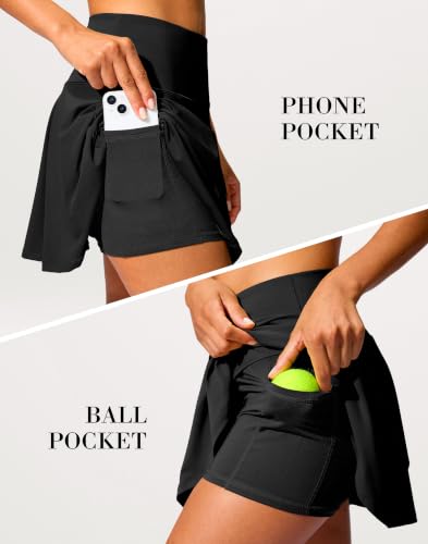 Women's 14-Inch Tennis Skirt with Pockets and Tummy Control Shorts - Black, Medium