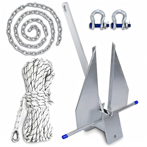 10 lb Boat Anchor Kit for 16-26 ft Vessels with Chain Rope & Shackles - SajoSolid