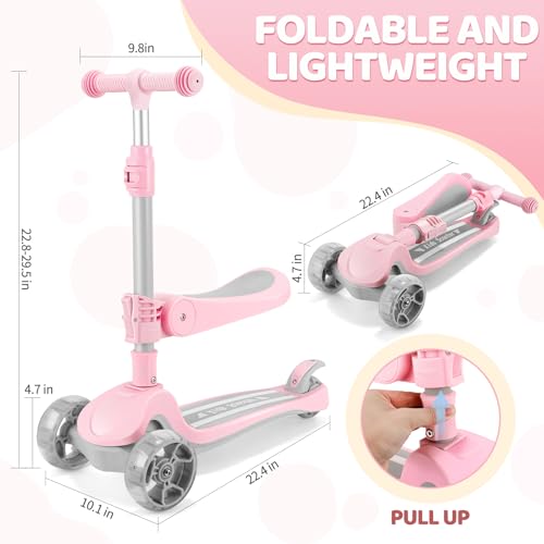 AODI Light Pink 2-in-1 Kids Scooter with Seat, LED Light-Up Wheels & Adjustable Height