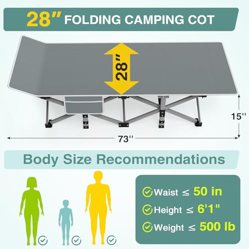 Camping Cot for Adults with Mattress - Heavy-Duty Folding Bed, 1200D Oxford, Supports 500LBS, 28