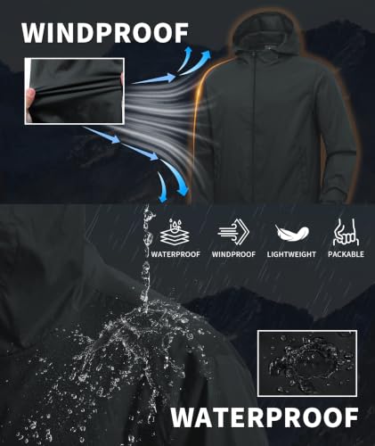 Men's Lightweight Hooded Waterproof Rain Jacket - Black, Medium, Packable Windbreaker