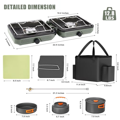 Hisencn Foldable 2 Burner Camping Stove with Cookware Set - Sage Green