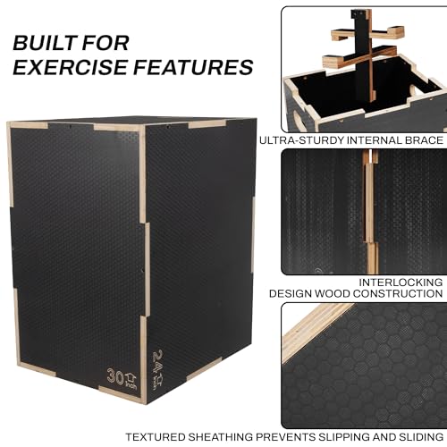 Signature Fitness Wooden Plyo Box Jump Platform Gray 20x24x30 in - Non-Slip, Multi-Size Home Gym Equipment