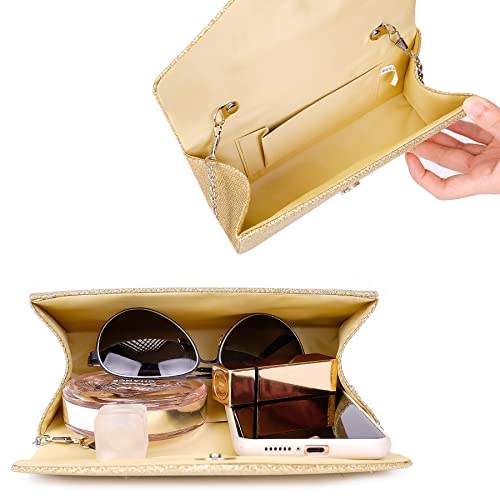 Larcenciel Sparkly Sequin Envelope Clutch Bag with Chain - Gold, 20x5x10cm
