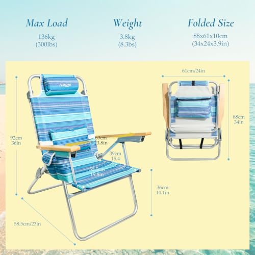 ARURU Light Green Tall Folding Beach Chair for Adults with Cooler & Cup Holder, 5-Position Recline, Portable Backpack Design