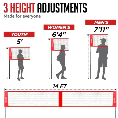 ZEALFEEL 4-Way Volleyball and Badminton Set with Adjustable Net, 14FT Outdoor Game