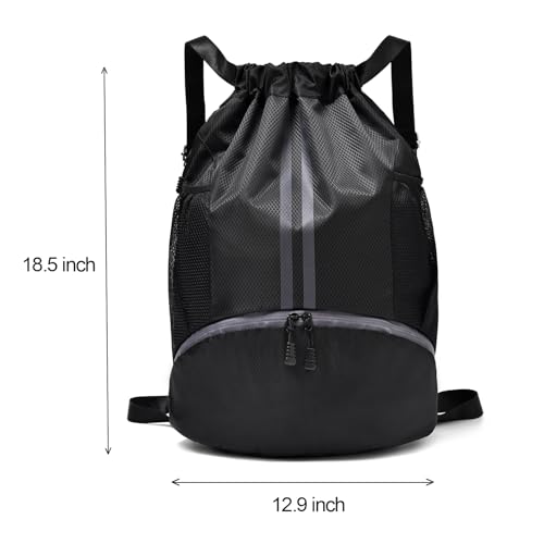 Black Drawstring Gym Bag for Men and Women Waterproof Sport Backpack with Shoes Compartment