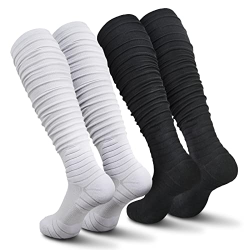 IRAMY Football Socks Ultra Long Knee High Combed Cotton with Ankle Support - Small Black White (2 Packs)