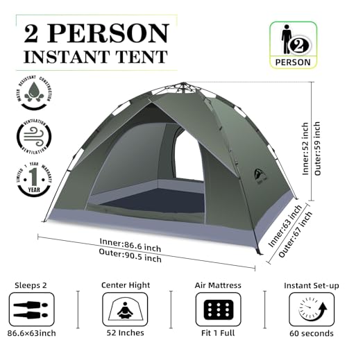 HAPPY TRAVEL Army Green 2 Person Pop Up Camping Tent, Instant Easy Setup