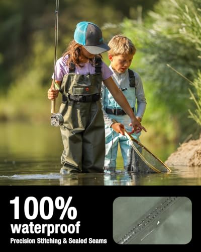 Kids Chest Waders with Boots - Youth Waterproof Fishing Waders for Boys - Green 2/3 Toddler