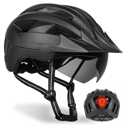 Bike Helmet for Adults with Visor & Goggles, Rear Light, Black, L Size (57-61cm)