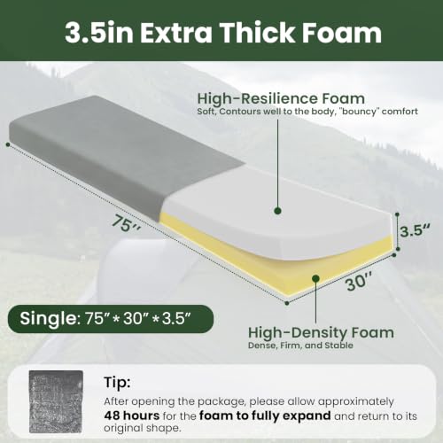 Single 75 x 30 x 3.5 Inch Extra Thick Supportive Camping Mattress with Travel Bag