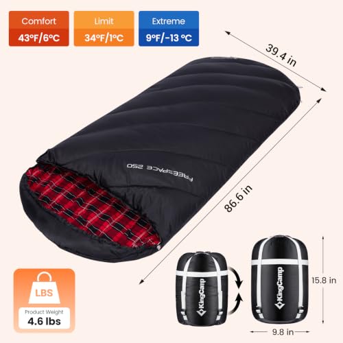 KingCamp Big & Tall Flannel Sleeping Bag for Adults, Black, 86.6x39.4in