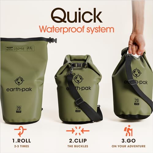 Earth Pak 55L Waterproof Dry Bag - Forest Green Roll Top Backpack for Kayak & Water Sports