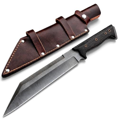 Handmade Viking Seax Knife with Leather Sheath - 10-inch High-Carbon Steel Fixed Blade Hunting Knife