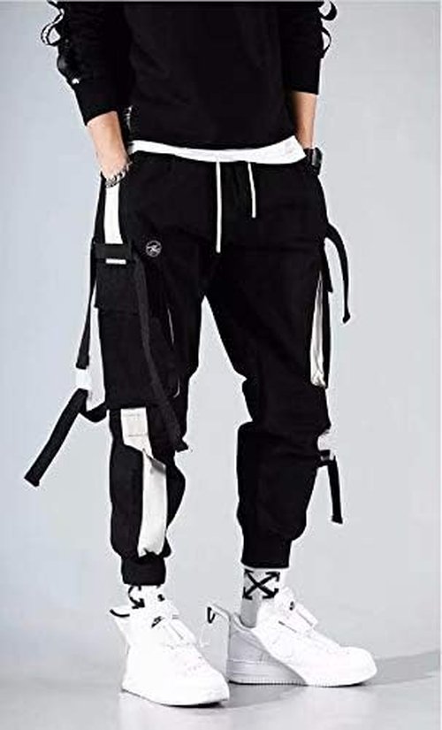 Men's Jogger Pants Punk Cargo Baggy Techwear Streetwear Hip Hop Couple Women Unisex Sports Casual Pants (Black-08,Large)