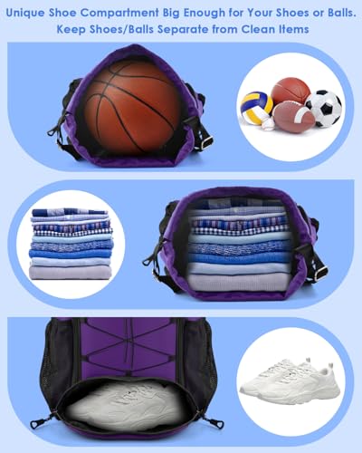 Purple Soccer Bag, Waterproof Football Backpack with Shoes & Ball Compartments
