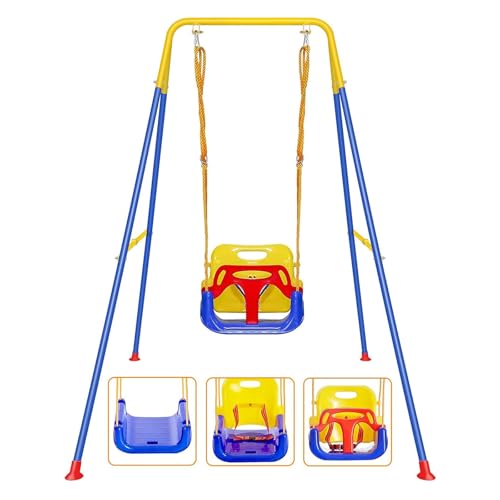 FCOUMY 3-in-1 Toddler Swing Set Blue Yellow - Indoor & Outdoor Baby Swing with Safety Belt, Foldable Metal Frame, Easy Assembly
