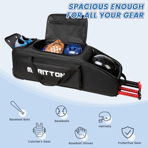 MERALIAN Black Rolling Baseball Bag with Wheels for 4 Bats and Gear
