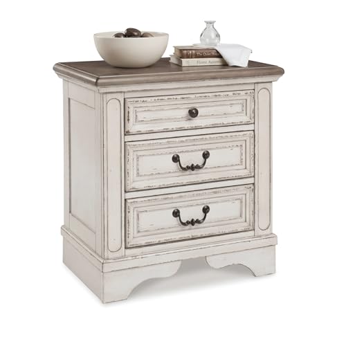 Chipped White 3-Drawer Nightstand with Charging Station - Cottage Chic
