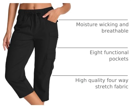 Women's Black Cargo Capris with Pockets - Stretch Quick Dry Hiking Shorts XXL
