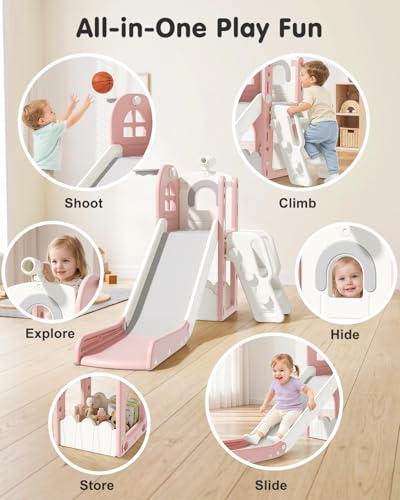 Babytronic Pink & Gray 6-in-1 Toddler Indoor & Outdoor Playground Slide for Kids 1-3