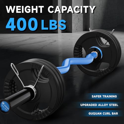 GUQUAN Blue Olympic EZ Curl Barbell 2 Inch 4ft Weightlifting Bar for Home Gym
