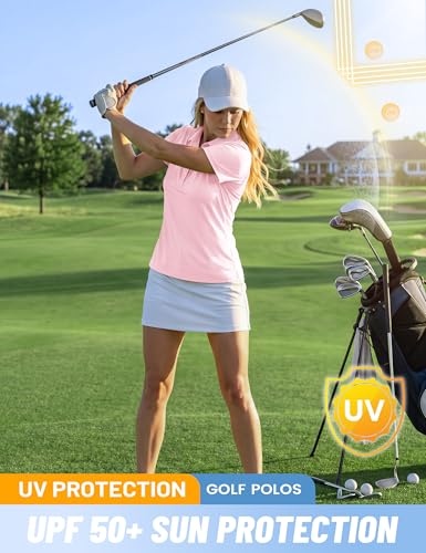 Women's Golf Polo Shirt UPF 50+ Sun Protection Short Sleeve Collared Top - Light Pink, Large