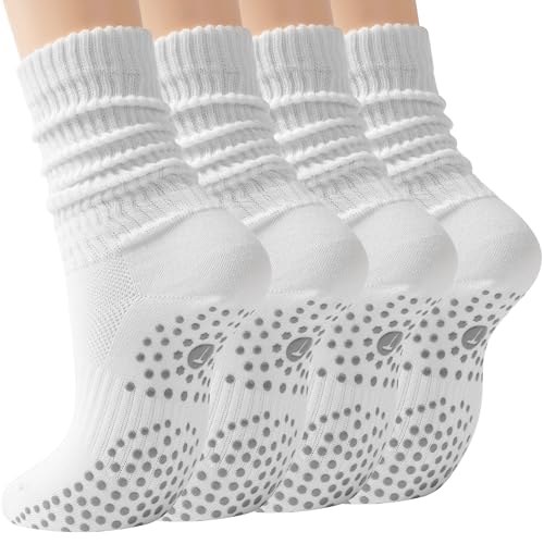 Women's Pilates Slouch Crew Socks Non Slip Yoga & Barre Socks - 2 Pairs White