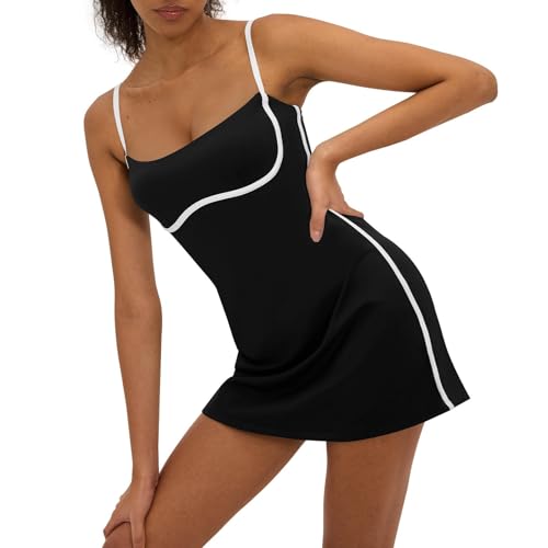 Women’s Tennis Dress with Built-in Shorts - Sleeveless Athletic Dress, Medium Black