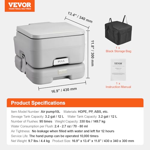 VEVOR Portable Camping Toilet with 3.2 Gal Waste & Flush Tanks, Pressurized Flush, Level Indicator