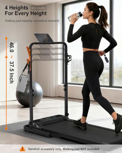 Walking Pad Handle Bar - Adjustable Foldable Treadmill Handrail with Phone & Cup Holder - Black, Large