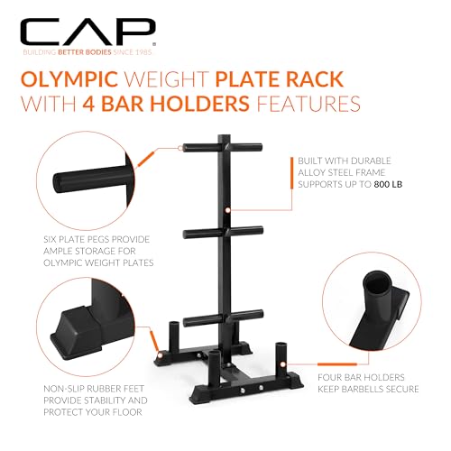 CAP Olympic Bumper Plate Tree Rack with 4 Barbell Holders - Heavy-Duty Steel Black 6-Post