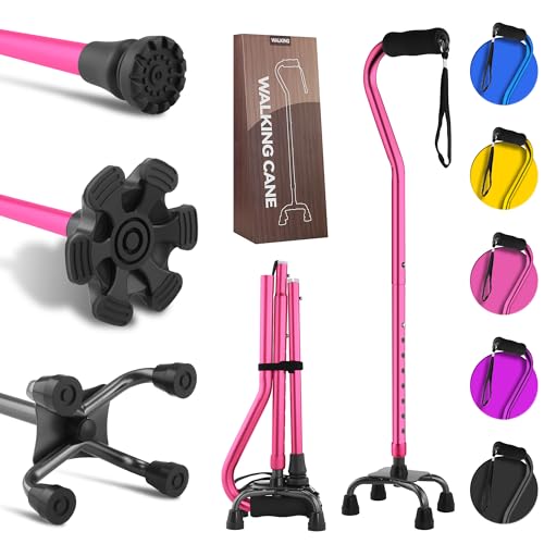 Pink Foldable Quad Canes for Seniors & Adults - Heavy Duty, Adjustable, Self-Standing Support