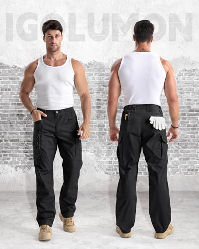 Men's Stretch Tactical Cargo Work Pants - 9-Pocket Ripstop, Black, 36W x 32L
