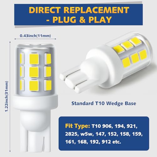 906 T10 Wedge Base Marine LED Boat Light Bulb 12-24V 6000K 2 Pack