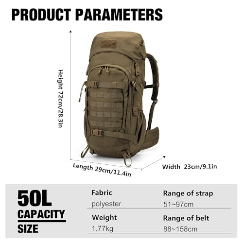 Khaki 50L Hiking Backpack with Rain Cover - Durable Tactical Daypack