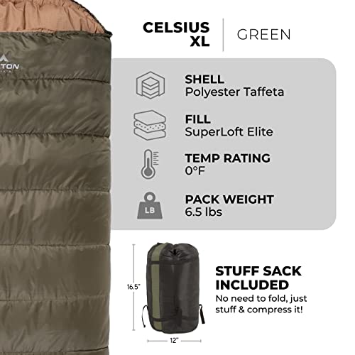 TETON Sports Celsius XL Sleeping Bag Green 0°F for Adults & Kids All-Weather Camping