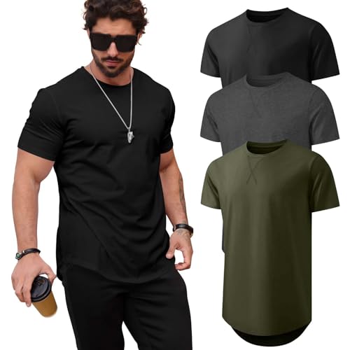 Mens T Shirt Longline Crewneck Hip Hop Casual Short Sleeve Large 3-Color/Dark Gray/Army Green