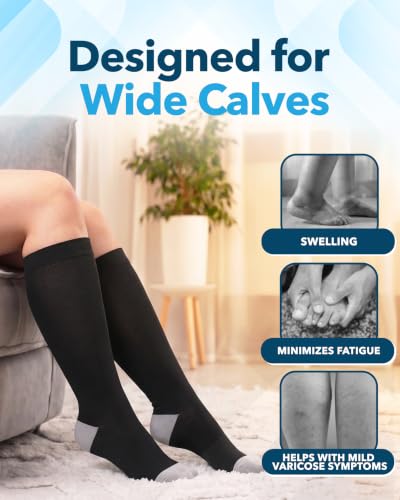 3 Pairs Plus Size Compression Socks Wide Calf Knee High Bamboo Viscose Circulation Support 3X-Large Black