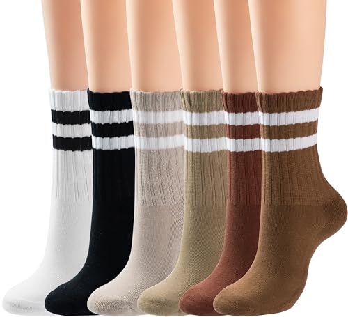 BomKinta Women's Striped Crew Socks 6 Pairs - Retro Above Ankle Cotton Socks, Size 5-10