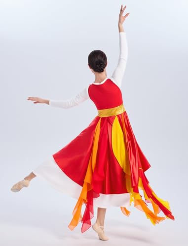 X-Large Red Metallic Praise Dance Dress for Women Rainbow Asymmetric Overlay Tunic Liturgical Worship Costume