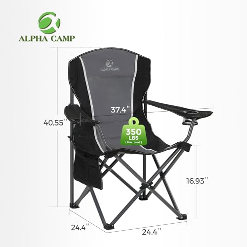 Oversized Camping Folding Chair with Cup Holders - Heavy Duty Steel Frame, 350 LBS Support, Black & Grey 2-Pack