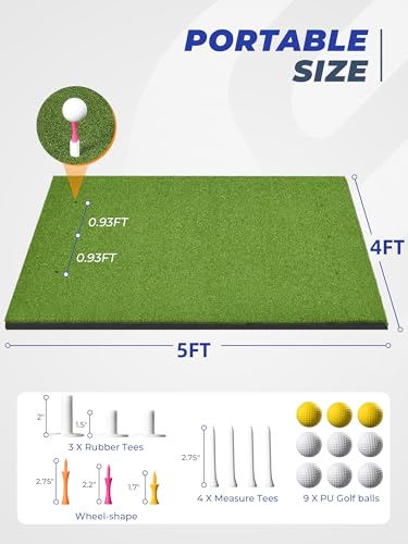 Sturdum Green 5x4ft Golf Hitting Mat Set with Rebound Turf & Tees - 21mm