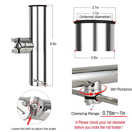 AMYSPORTS 4PCS Stainless Steel Trolling Rod Holders Side Mount Adjustable Kayak Boat