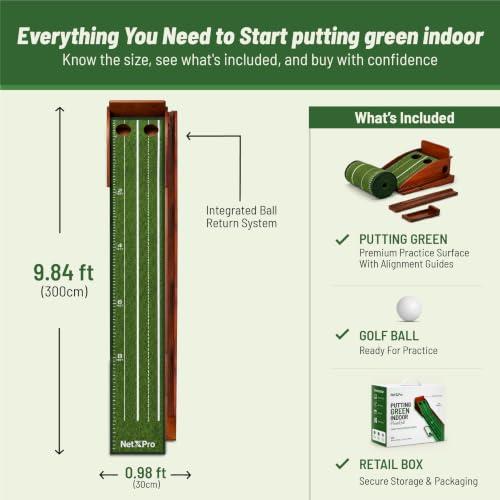 Indoor Golf Putting Mat 10ft with Auto Ball Return, 2 Holes & Wood Frame